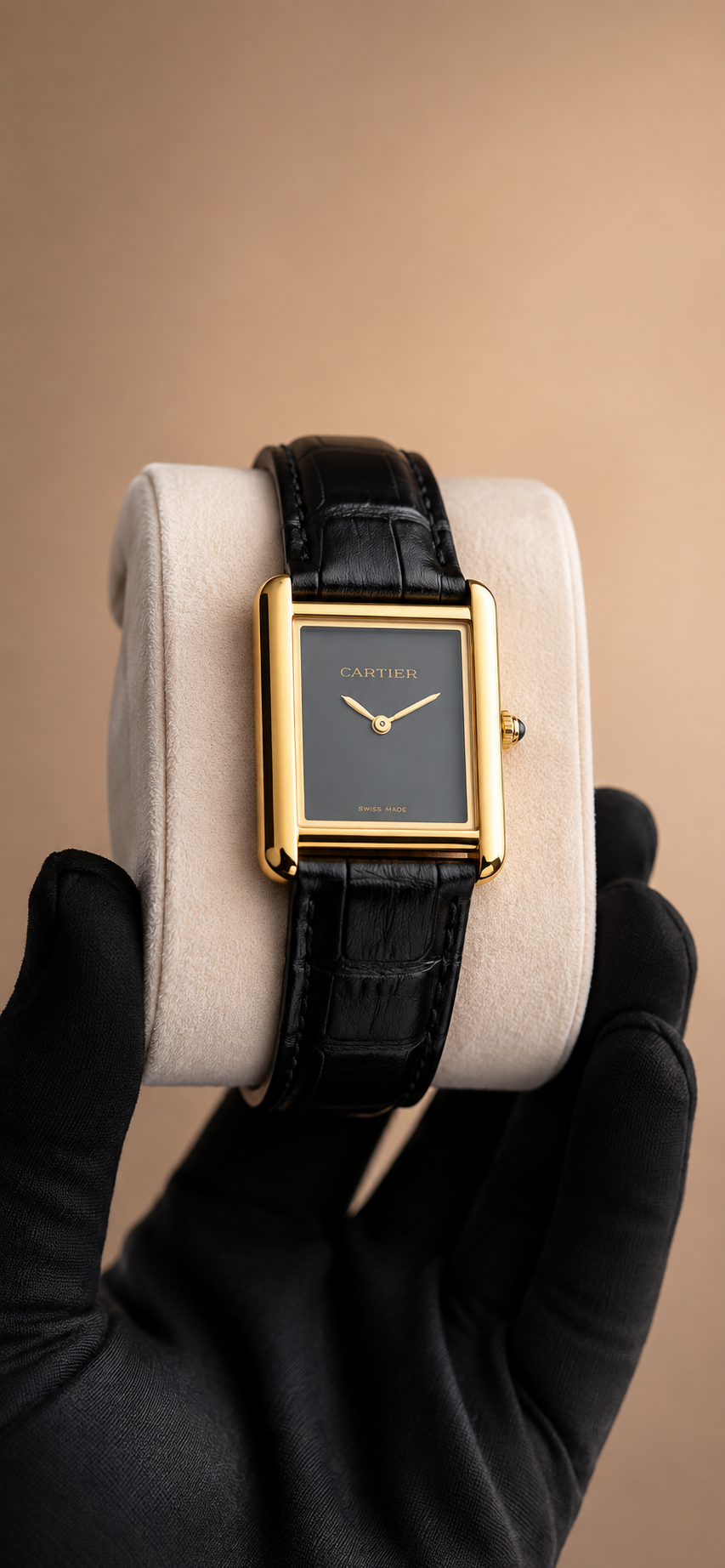 Cartier Tank Watch – Gold Case Black Leather Strap - Cartier Watches Metal Wall Art | AOneArt Pakistan
