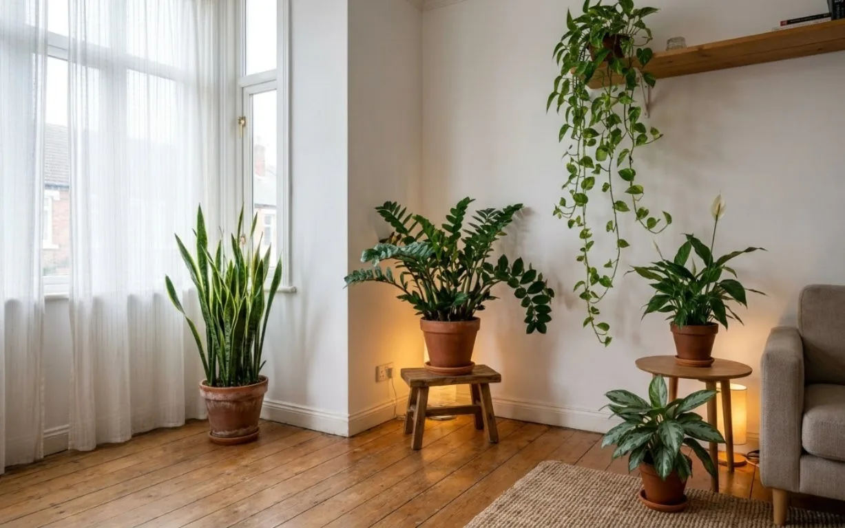 Choose some easy-care houseplants like Snake plants ,ZZ plants ,or Pothos vines, and put them in bright areas