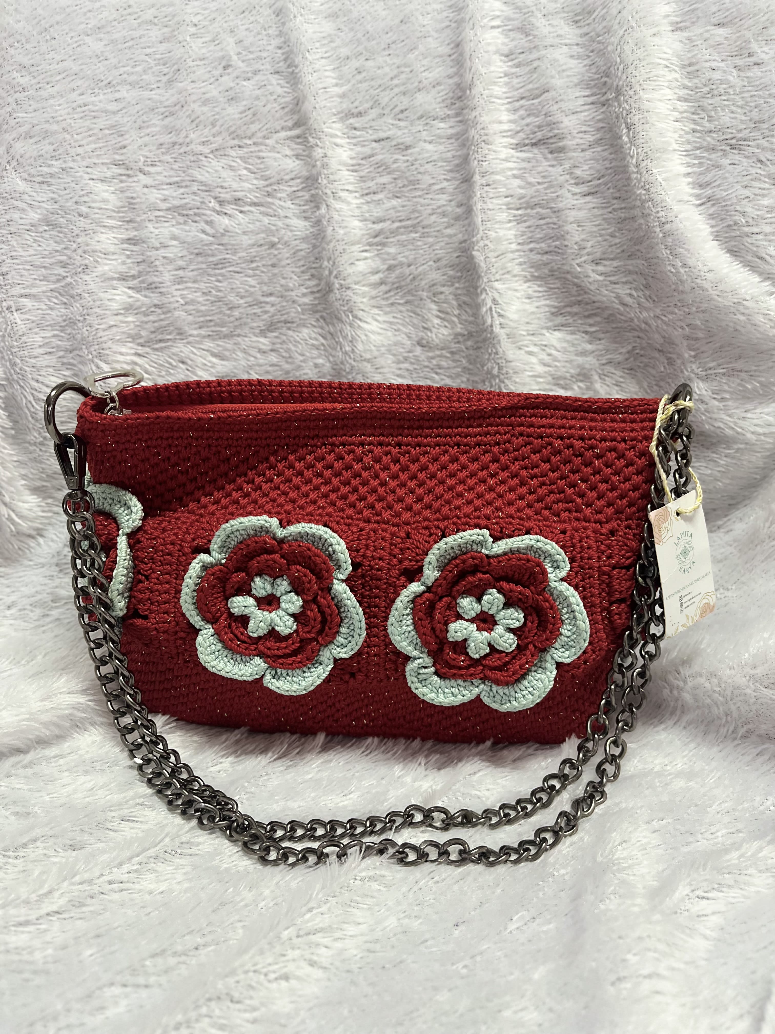 Tas Selempang Rajut (Merah Bunga)