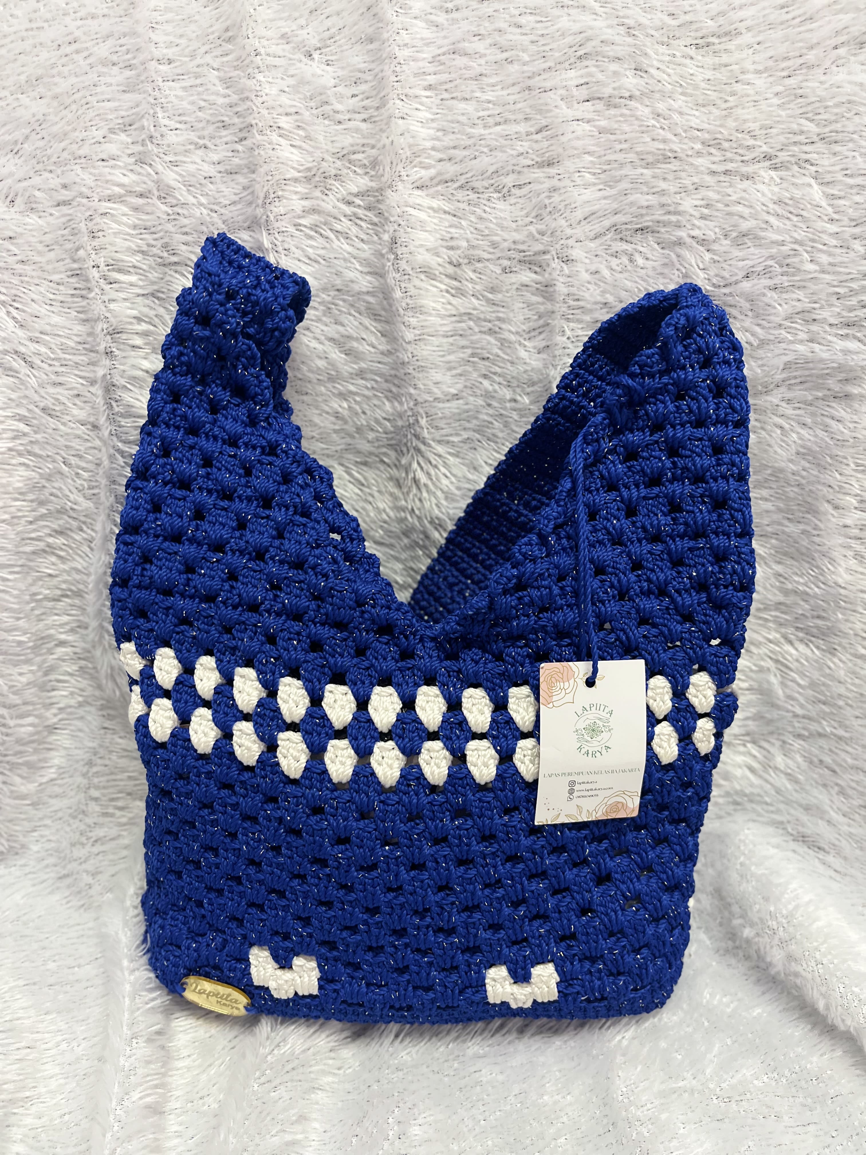 Tas Selempang Rajut (Biru Elektrik Putih)