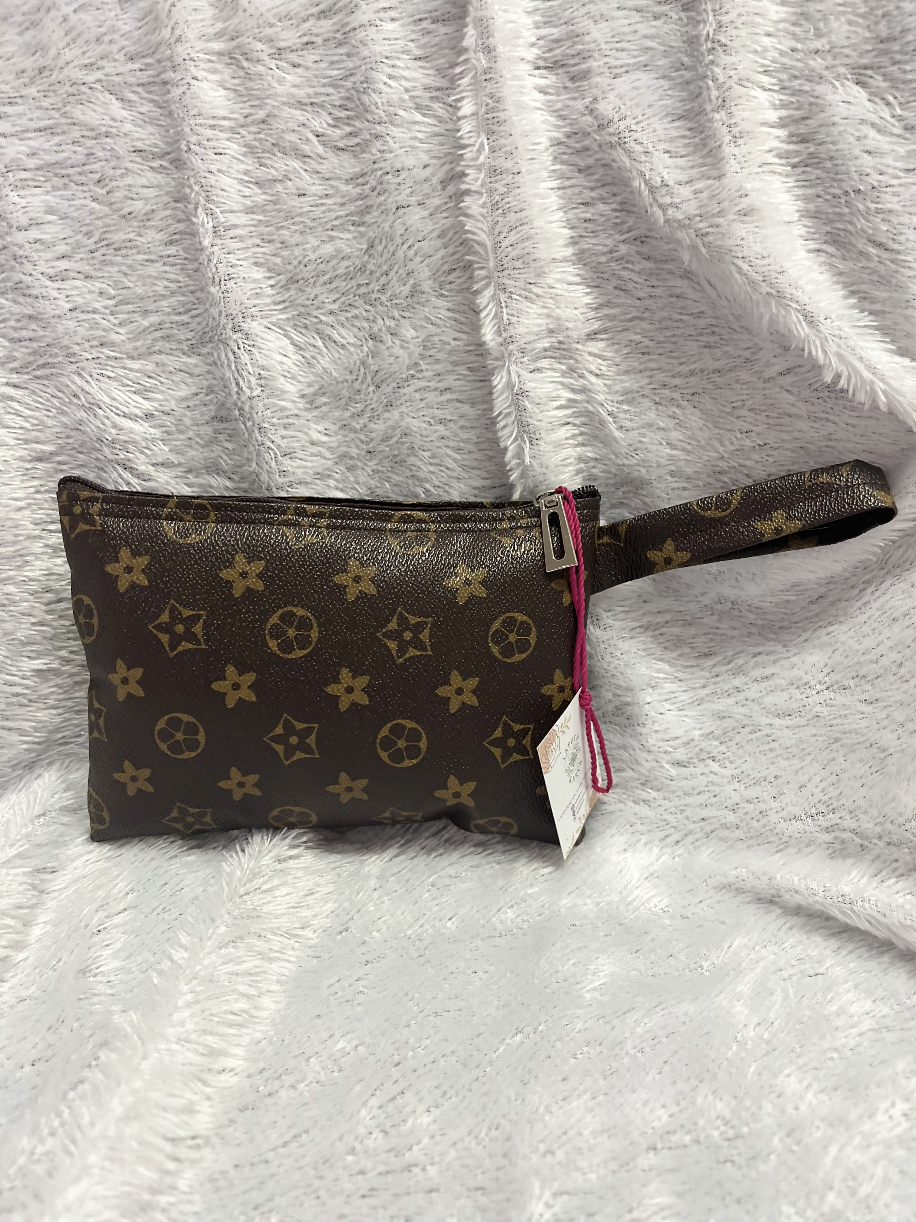 Pouch Kulit Sintetis Kecil (Bunga Gold Coklat)