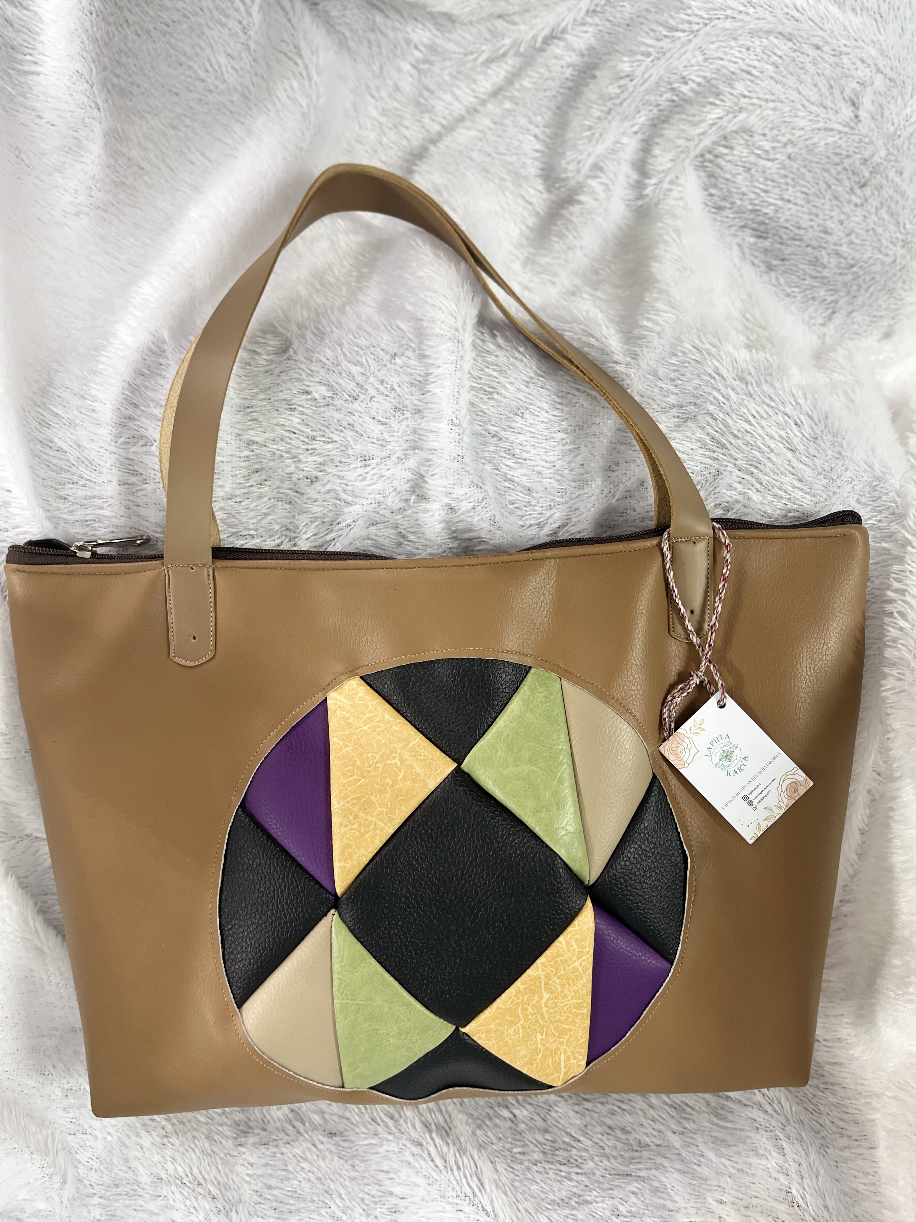 Tas Kulit Sintetis Besar (Motif Bulat Coklat)