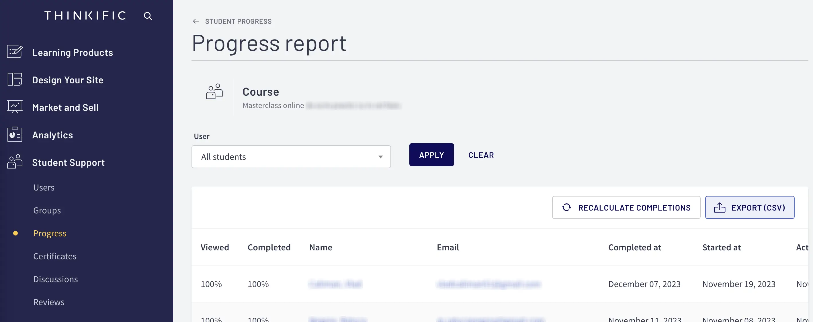 Export progress from Thinkific Dashboard