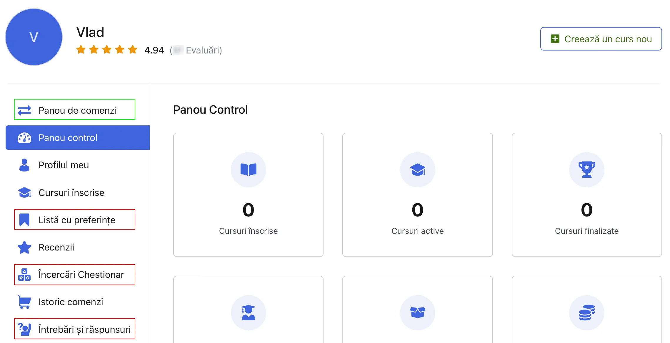 Panou de control Tutor LMS pentru utilizator