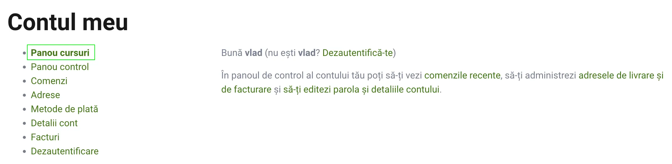 Panou de control WooCommerce pentru utilizator