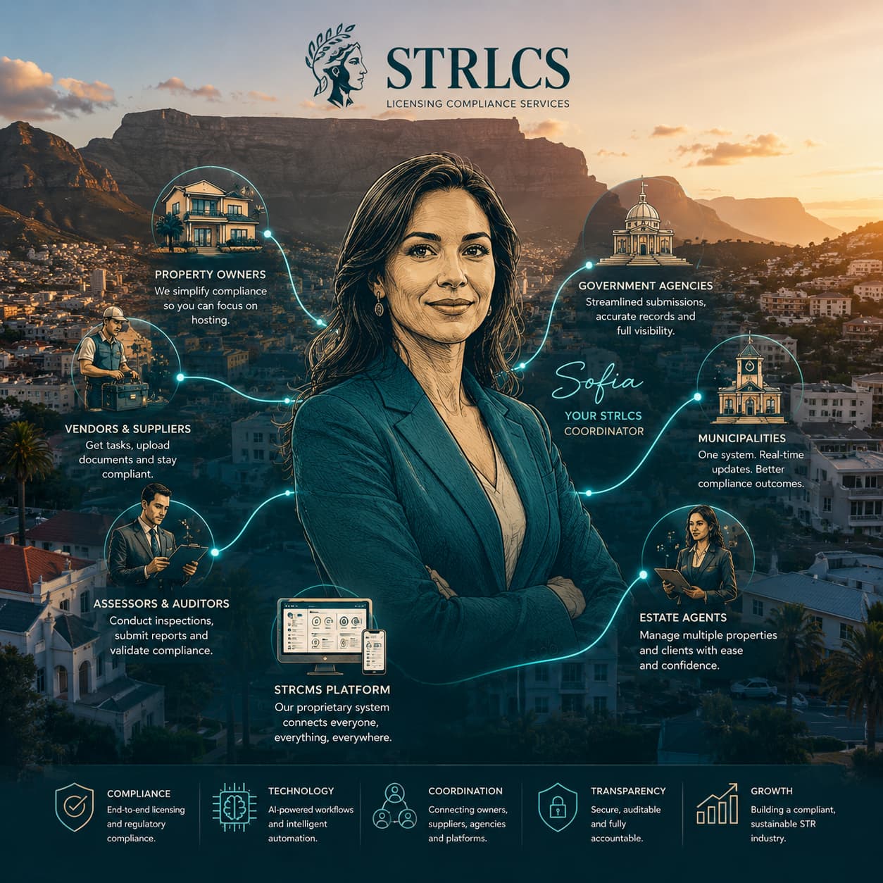 Cape Town cityscape — flat vector-style illustration positioning STRLCS at the centre of the South African short-term rental compliance ecosystem