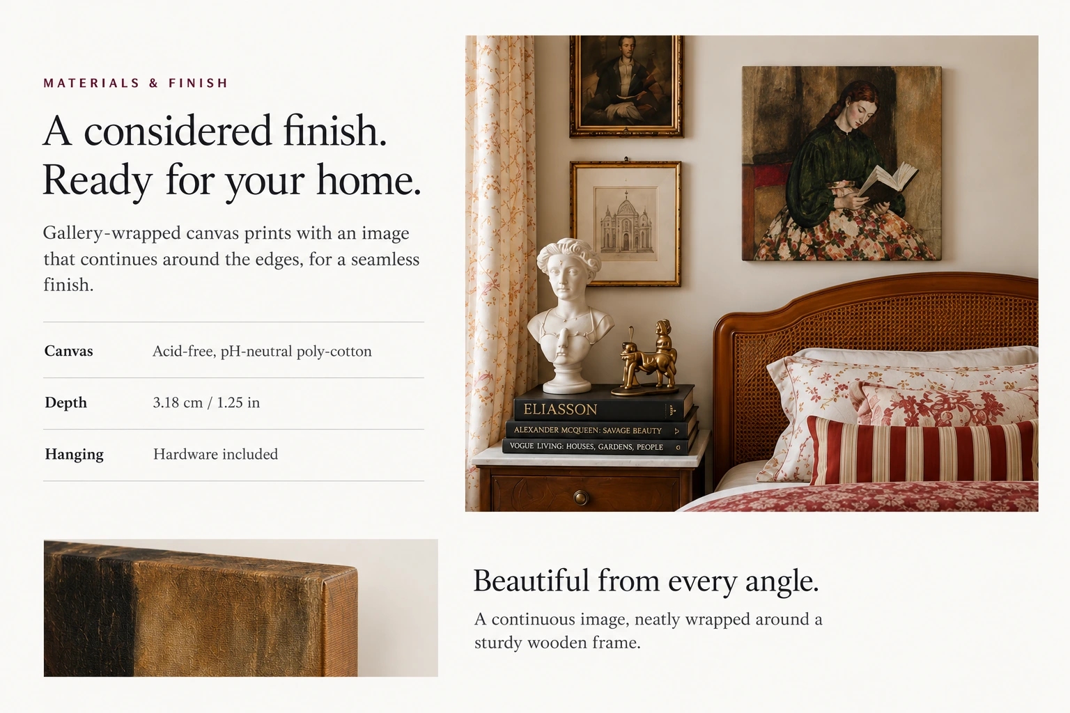 Canvas artwork styled in a bedroom with antique furniture and toile bedding