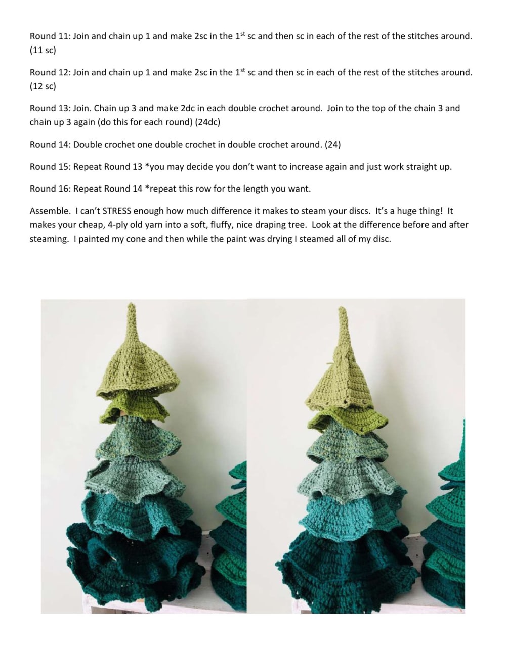 Tall crochet Christmas tree made of stacked green ombre discs with a ruffled bottom edge