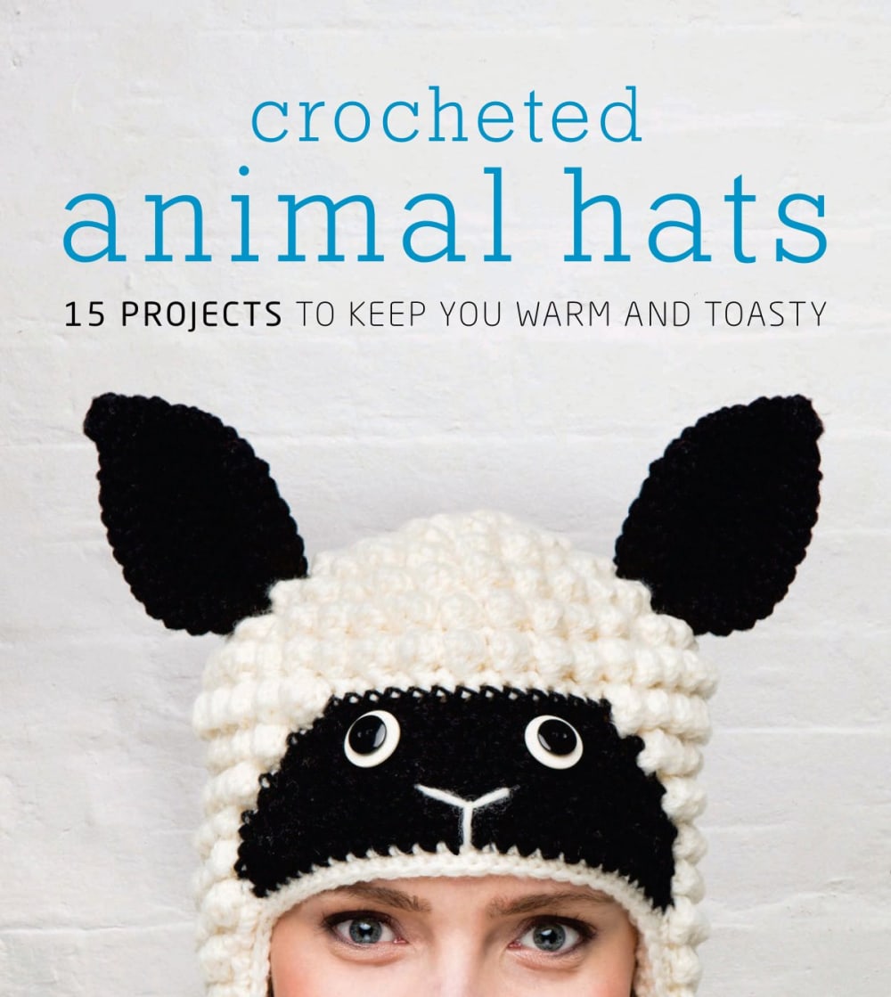 Crocheted animal hats book cover showing a woman in a white sheep hat with black ears and face