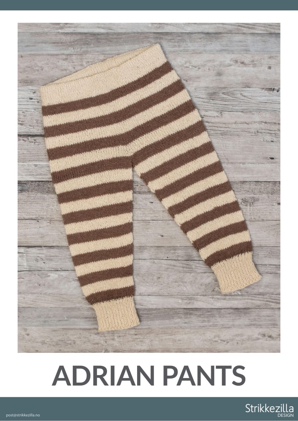 Brown and cream striped knitted baby pants laid flat on a light background