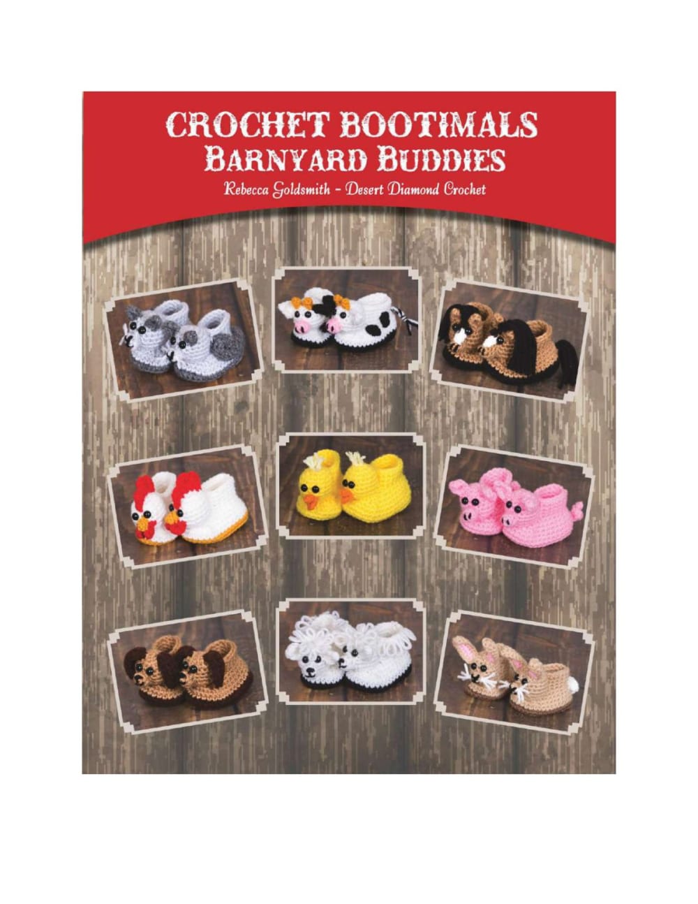Book cover with nine pairs of crochet animal booties on a wooden background