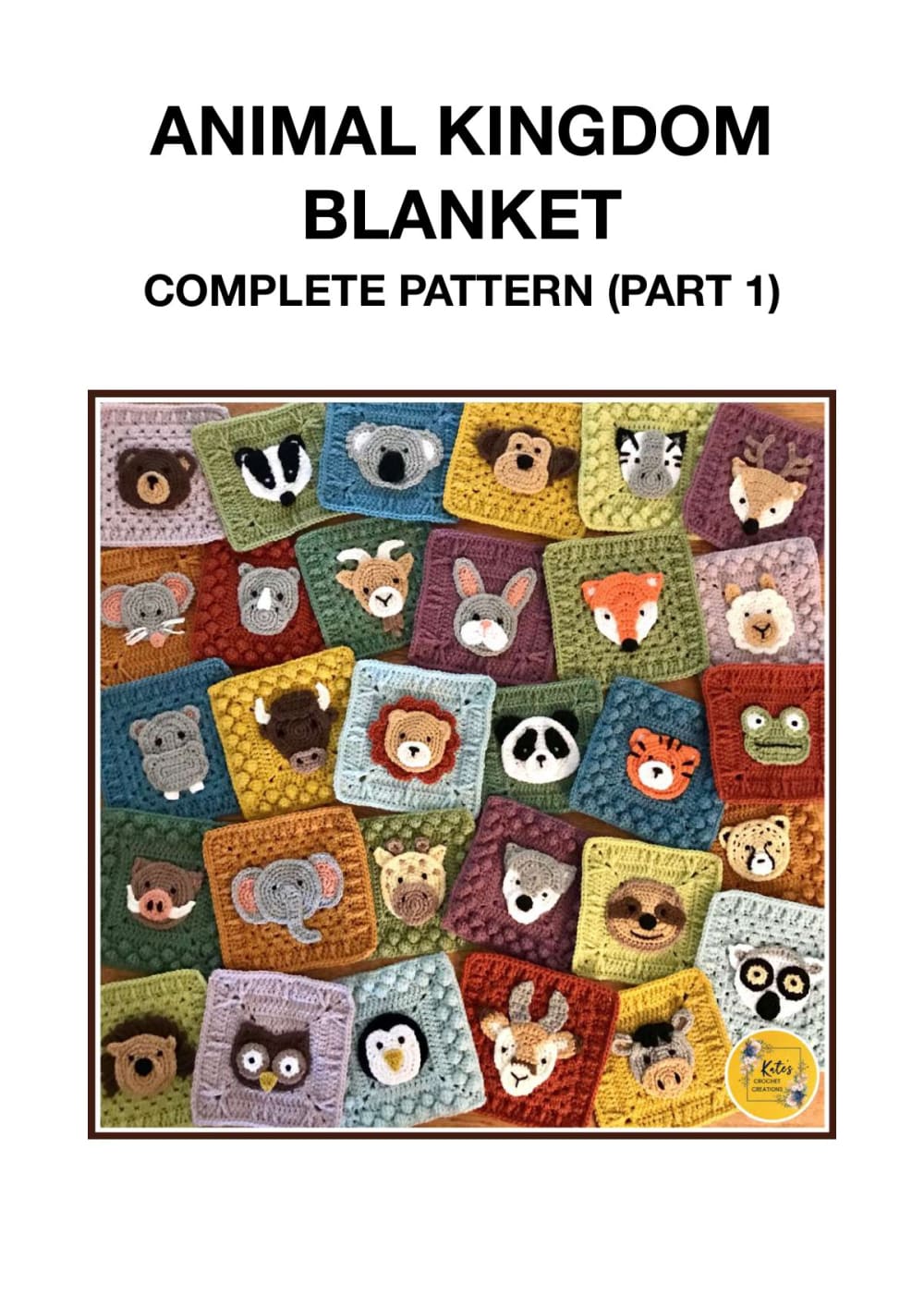 Colorful crochet blanket of granny squares with animal face appliqués on every square