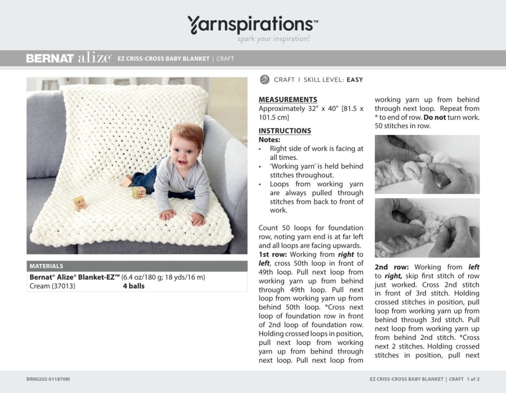 Baby sitting on a cream criss cross textured baby blanket with a pattern and materials panel