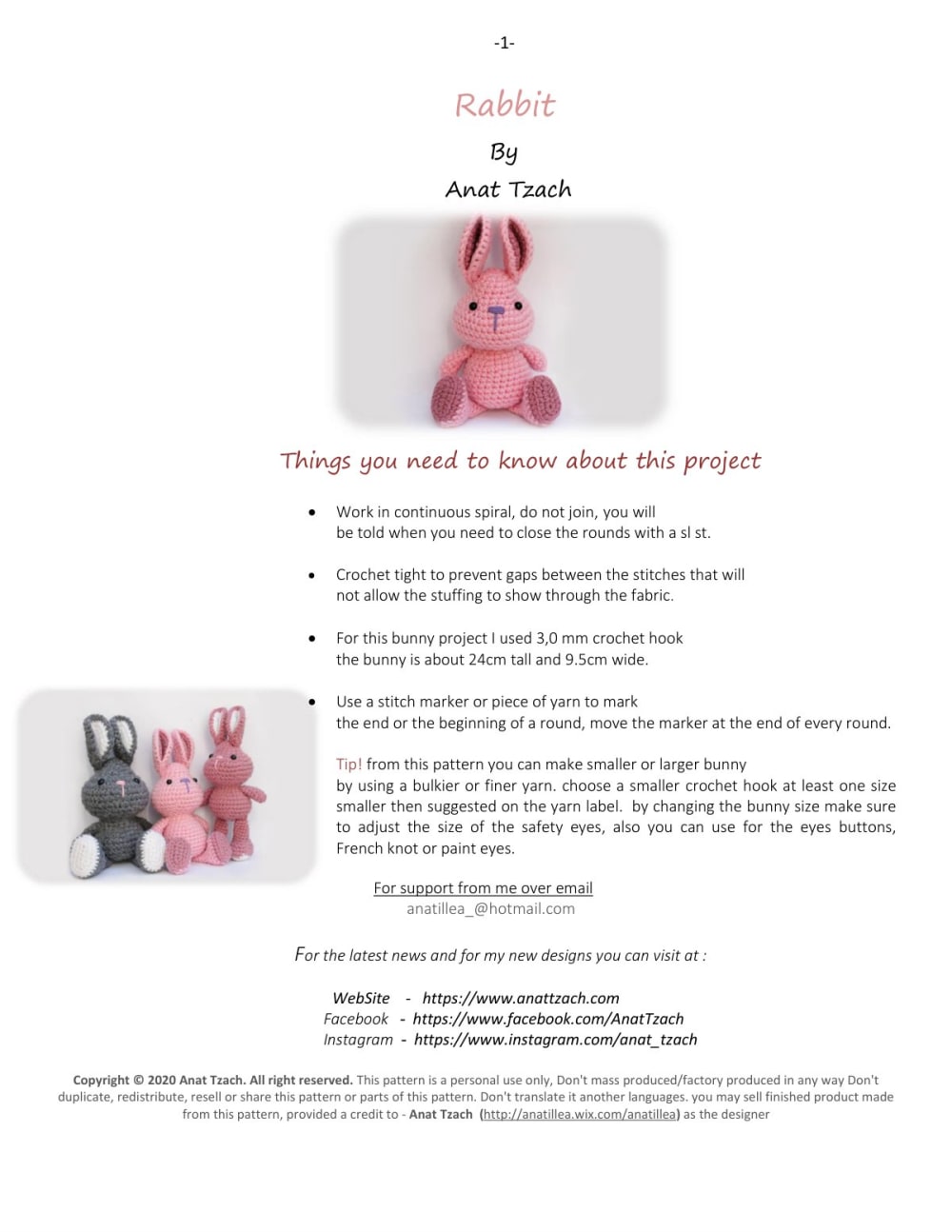 Pink crochet rabbit with long ears next to grey and pink bunnies on the pattern cover