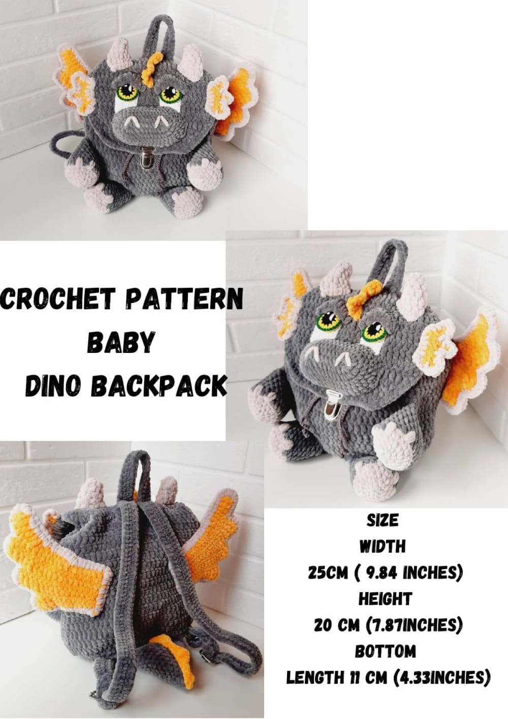Grey plush crochet dino backpack with orange wings, green eyes and a metal clasp