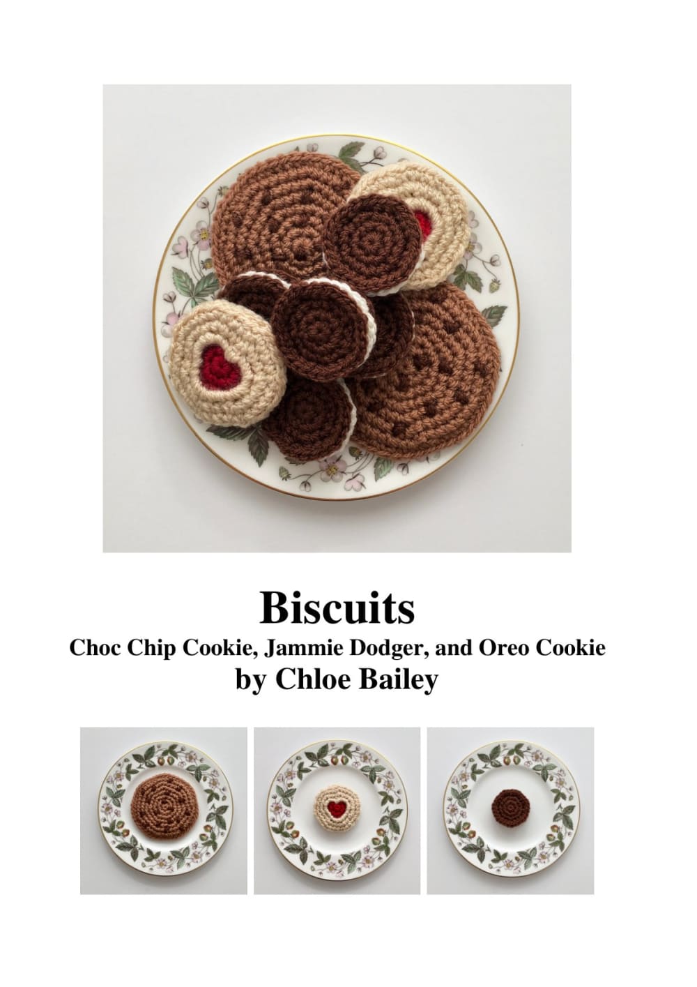 Plate of crochet biscuits: choc chip cookies, jam biscuits with red hearts and cream sandwich cookies