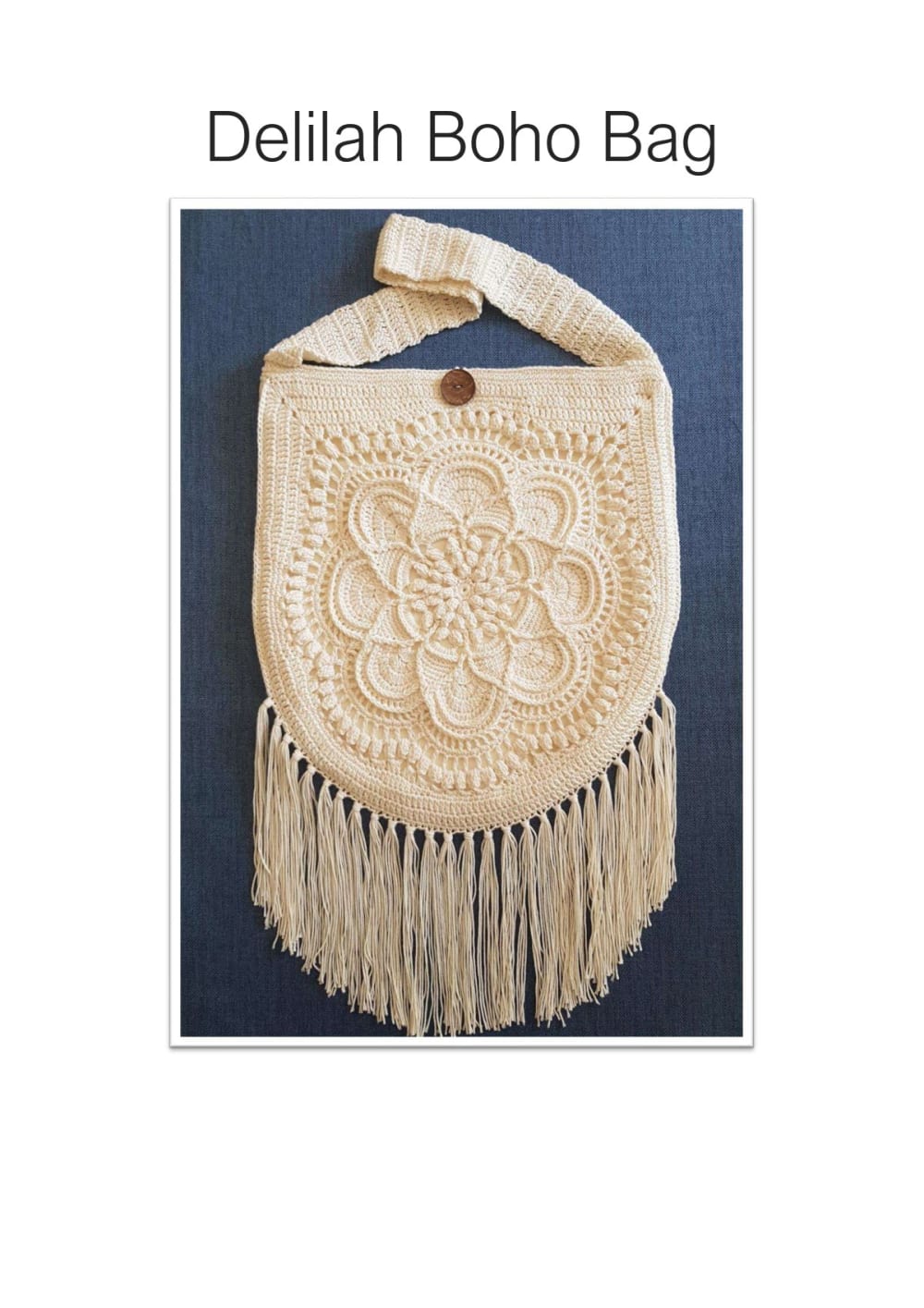 Cream boho crochet shoulder bag with a flower mandala design, a button and long fringe