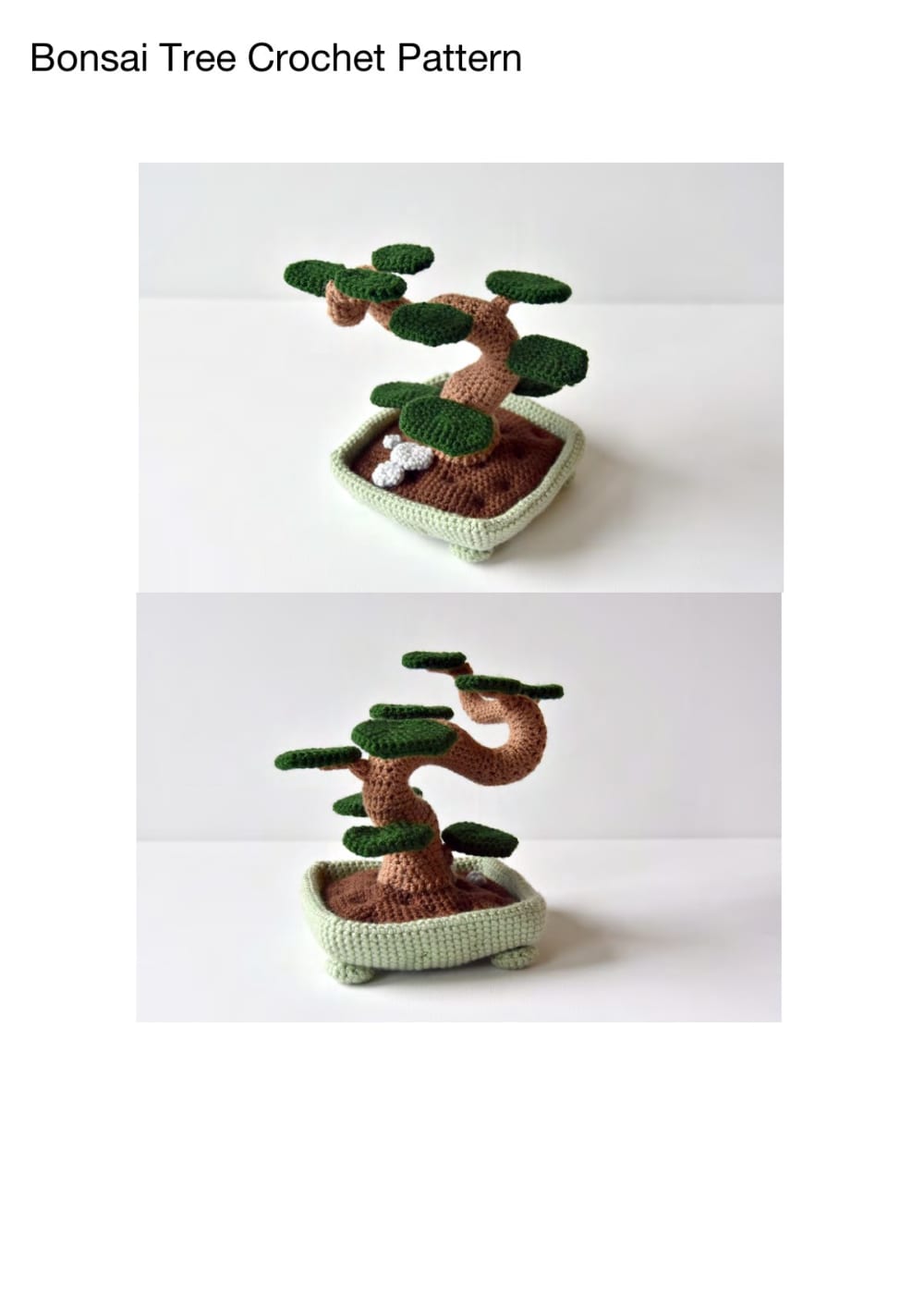 Crochet bonsai tree with a brown trunk, green leaf pads and a light green flowerpot, shown twice