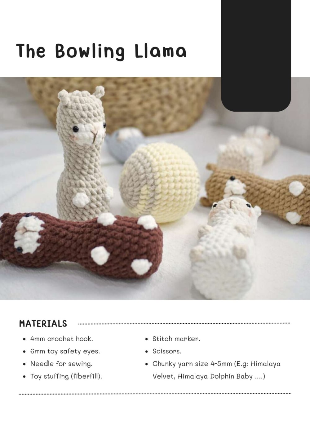 Cream, white and brown crochet llamas standing like bowling pins next to a pale yellow crochet ball
