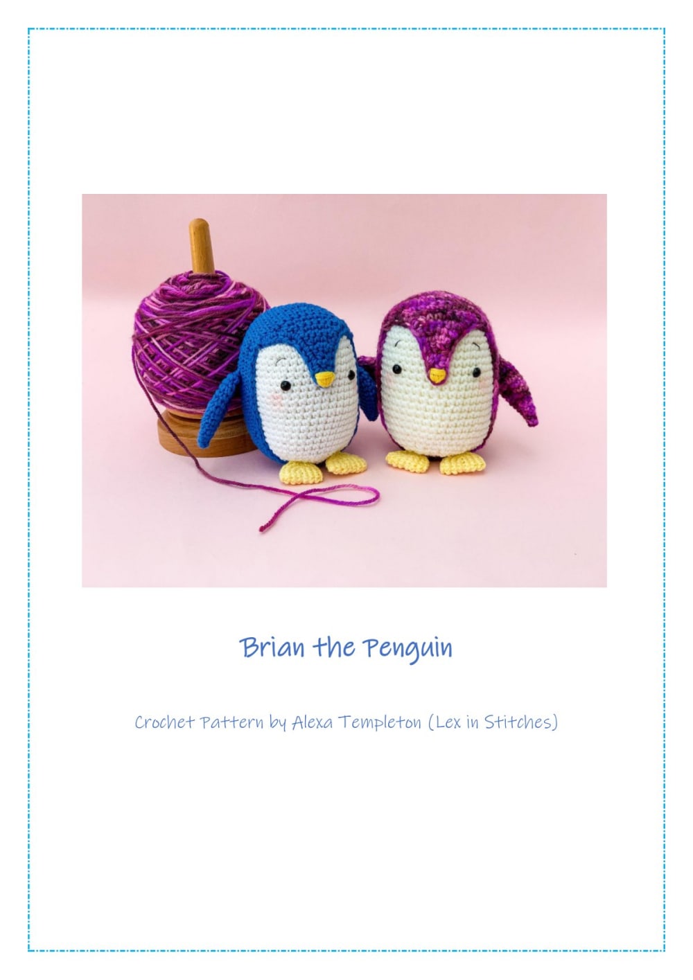 Purple and blue crochet penguins next to a ball of purple yarn on a pink background