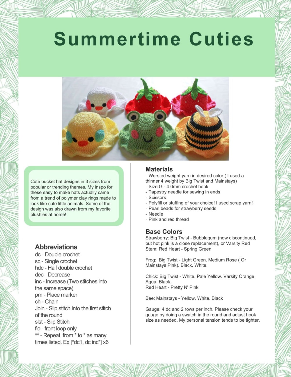 Crochet bucket hats shaped like a yellow chick, a green frog and a red strawberry in a row