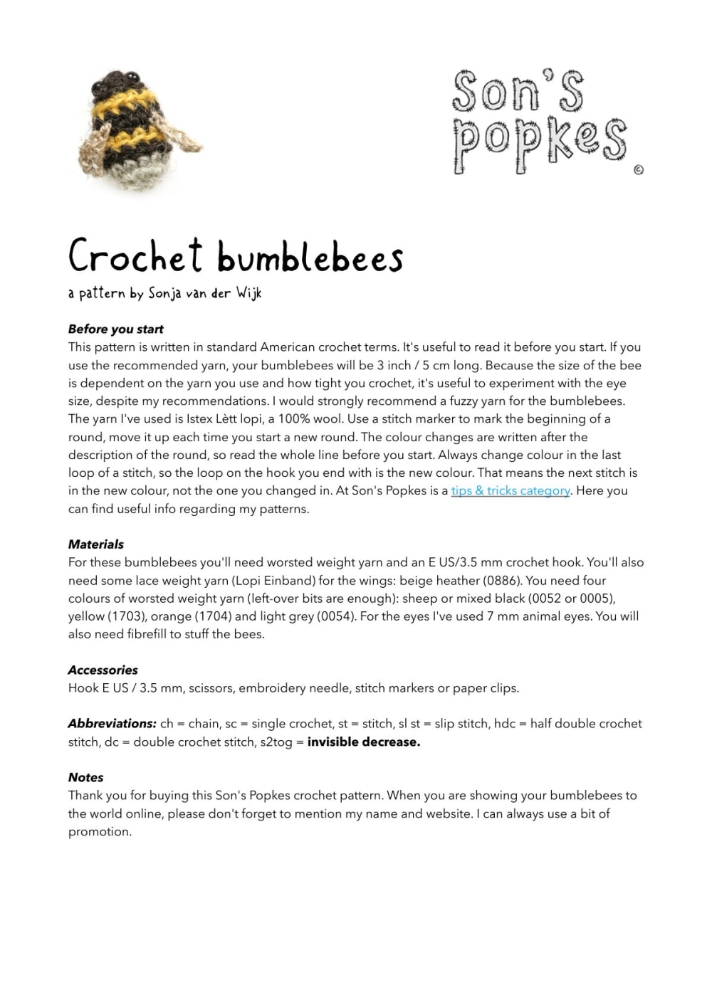 Crochet bumblebee with black and yellow stripes next to the introduction and materials text