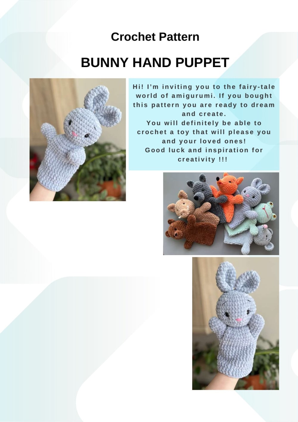 Grey crochet bunny hand puppet held up on a hand, with a group of other animal puppets