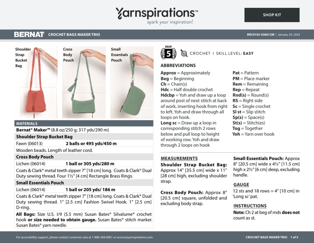 Page with a shoulder strap bucket bag, a crossbody pouch and a small essentials pouch in fawn and green crochet