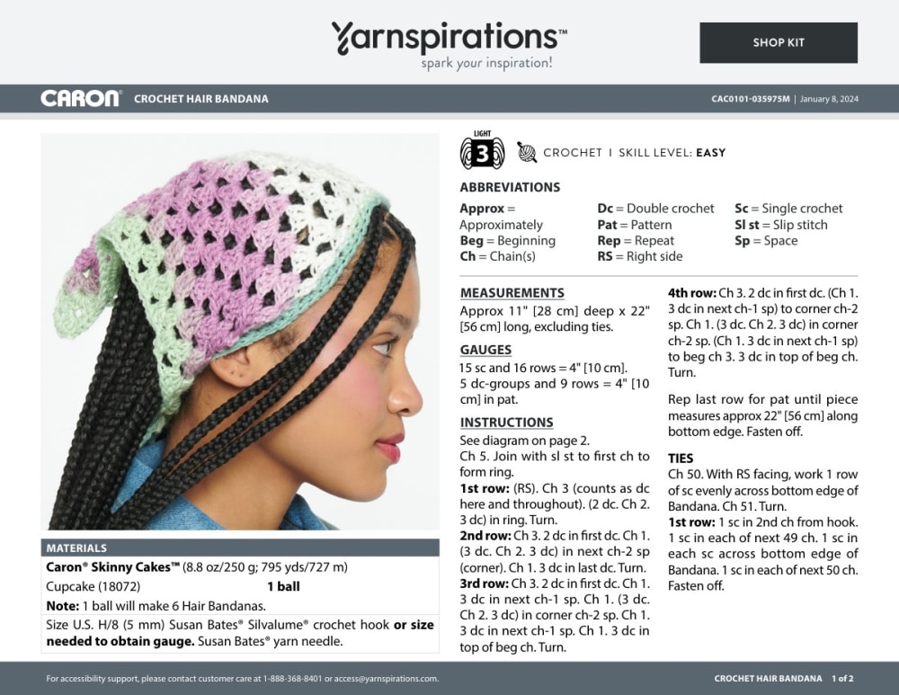 Woman wearing a pastel pink, white and mint crochet triangle hair bandana with ties