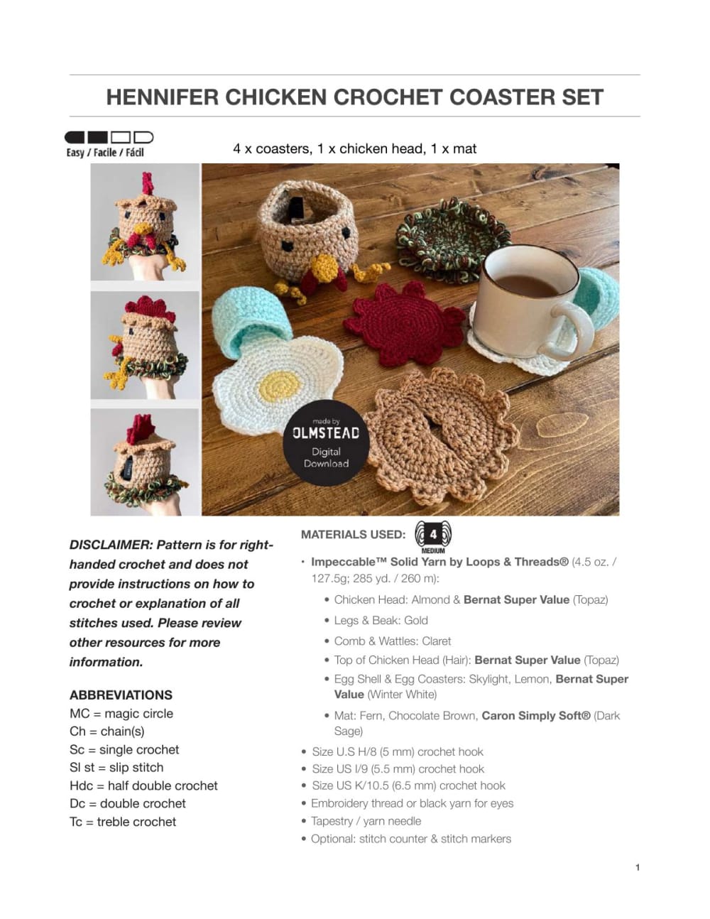 Crochet chicken head on a nest mat with a chicken comb coaster and egg coasters next to a mug of tea