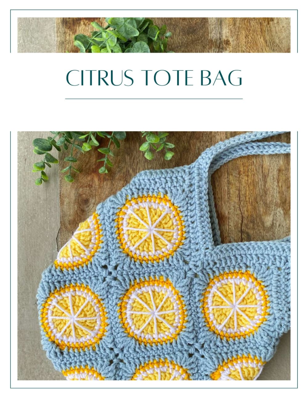 Light blue crochet tote bag made of granny squares with lemon slice motifs