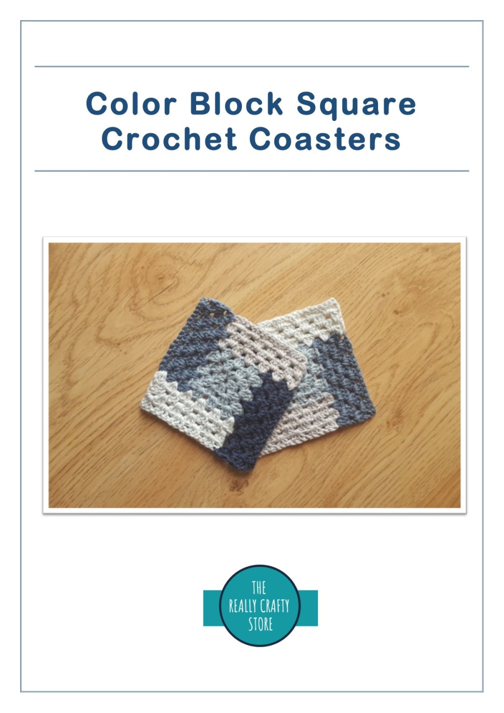Two color block square crochet coasters in blue and grey on a wooden table