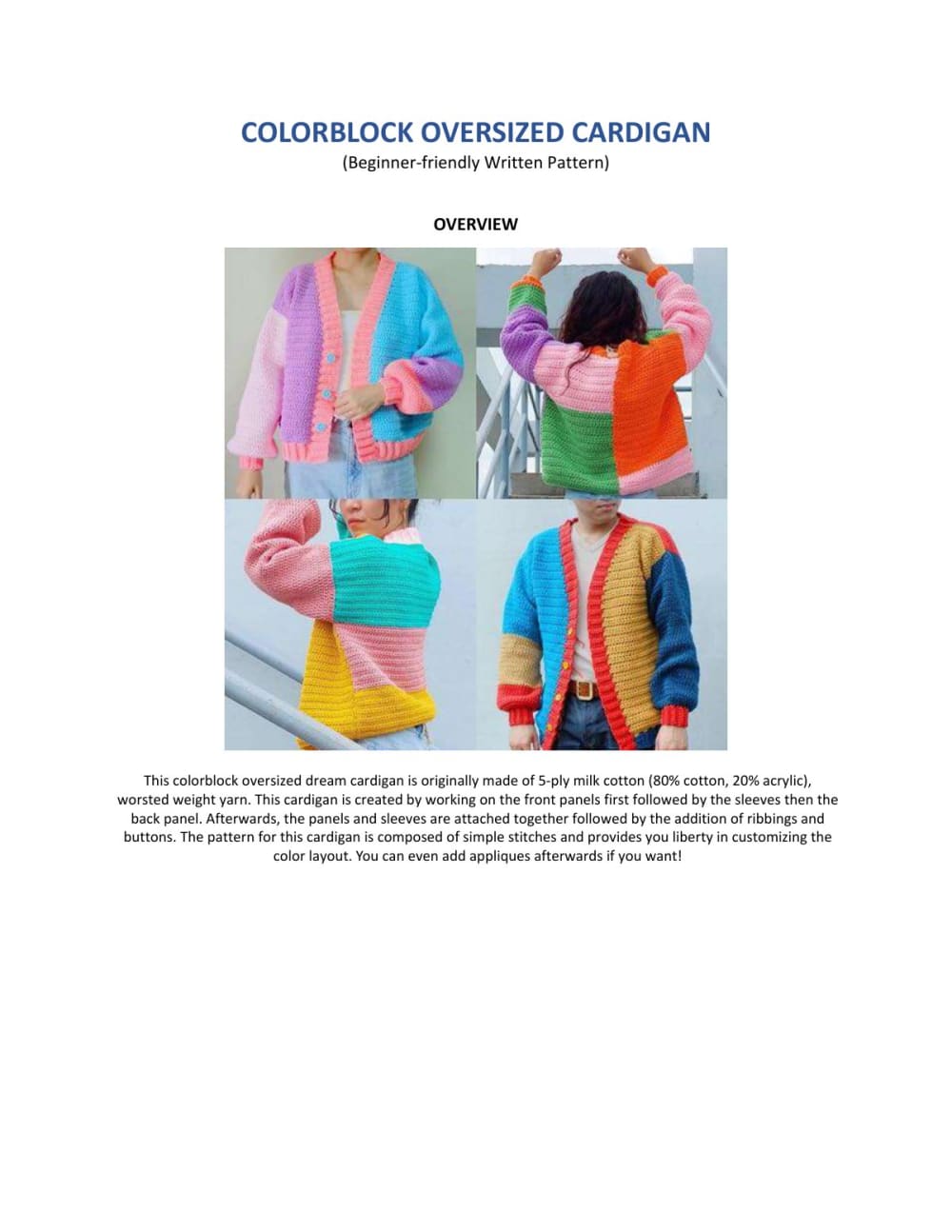 Women wearing colorful colorblock oversized crochet cardigans in pink, orange, blue and green