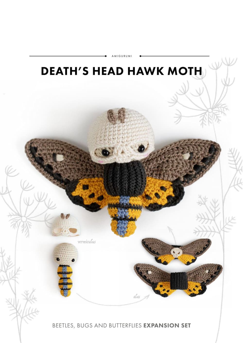 Brown, yellow and black crochet hawk moth with a skull marking and a small caterpillar beside it