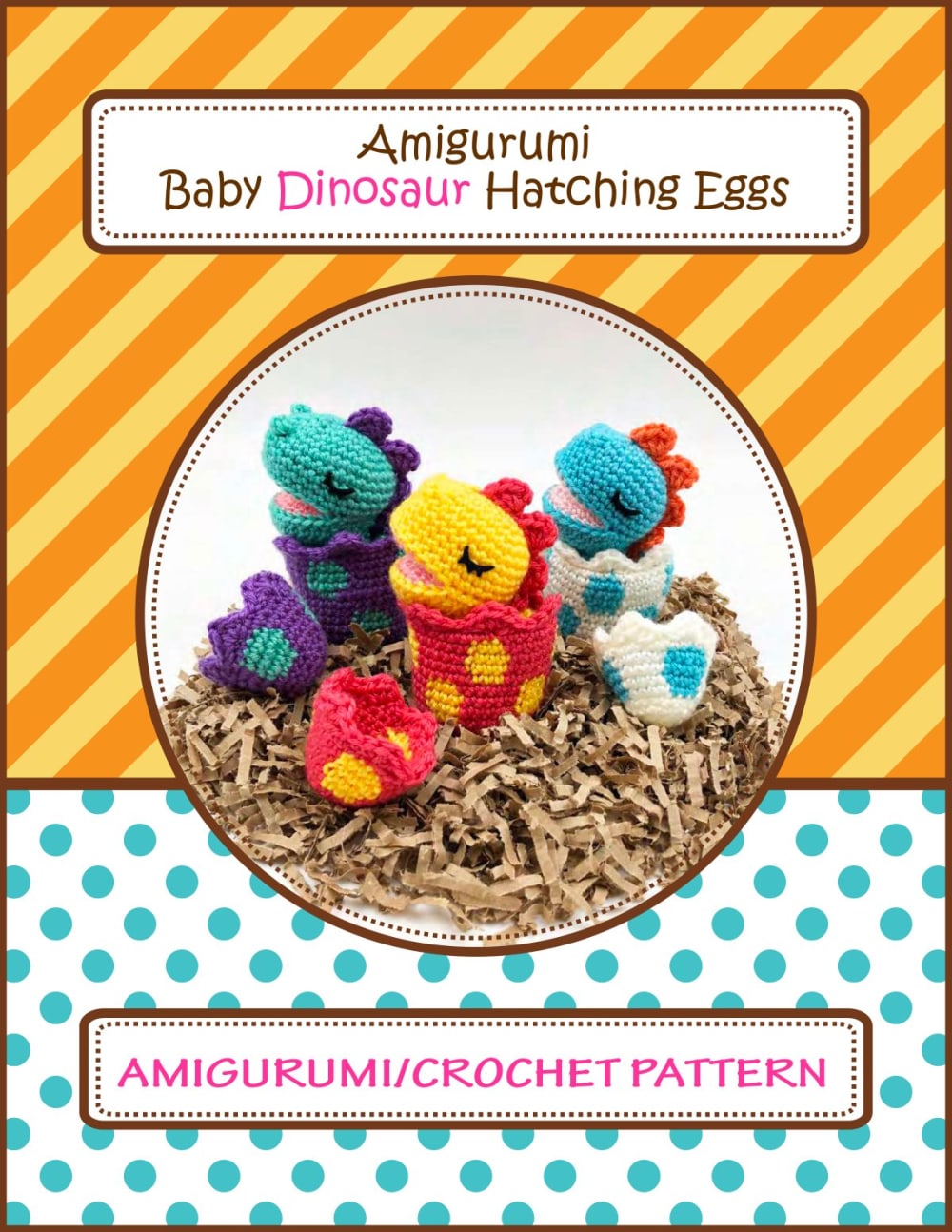 Colorful baby dinosaurs in blue, pink, purple and red sitting in polka dot eggshells on shredded paper