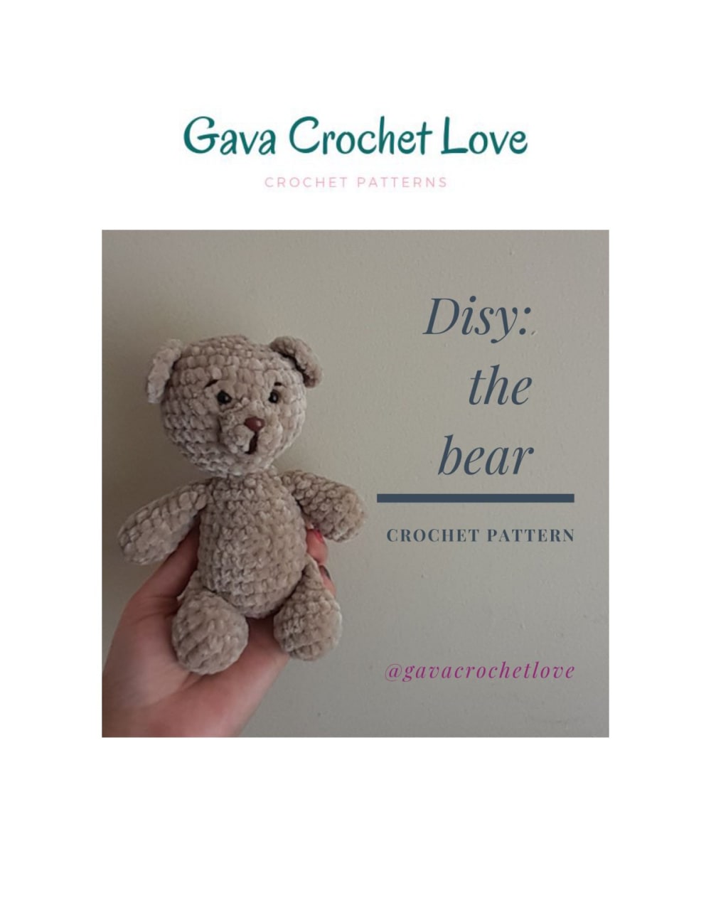 Taupe plush crochet teddy bear with a brown nose sitting in a hand