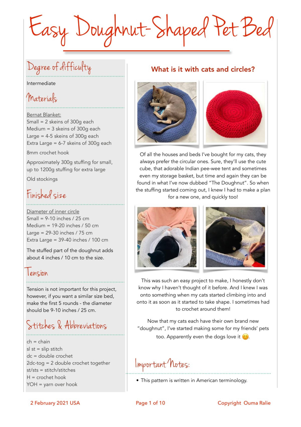 Red round crochet doughnut-shaped pet bed with a cat sleeping in it