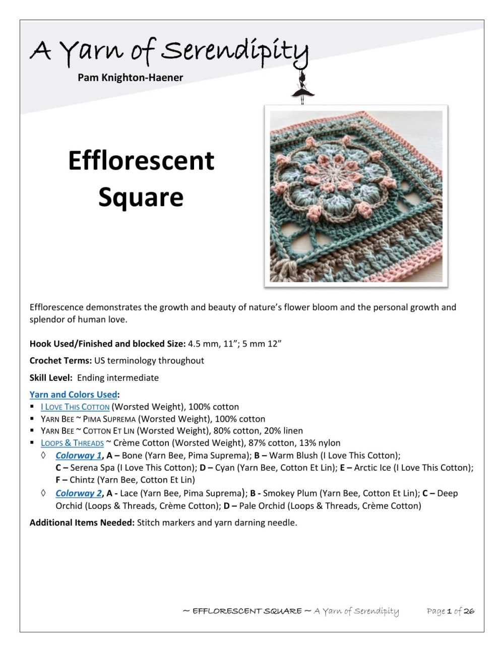 Efflorescent square with a flower mandala center in red, teal and yellow