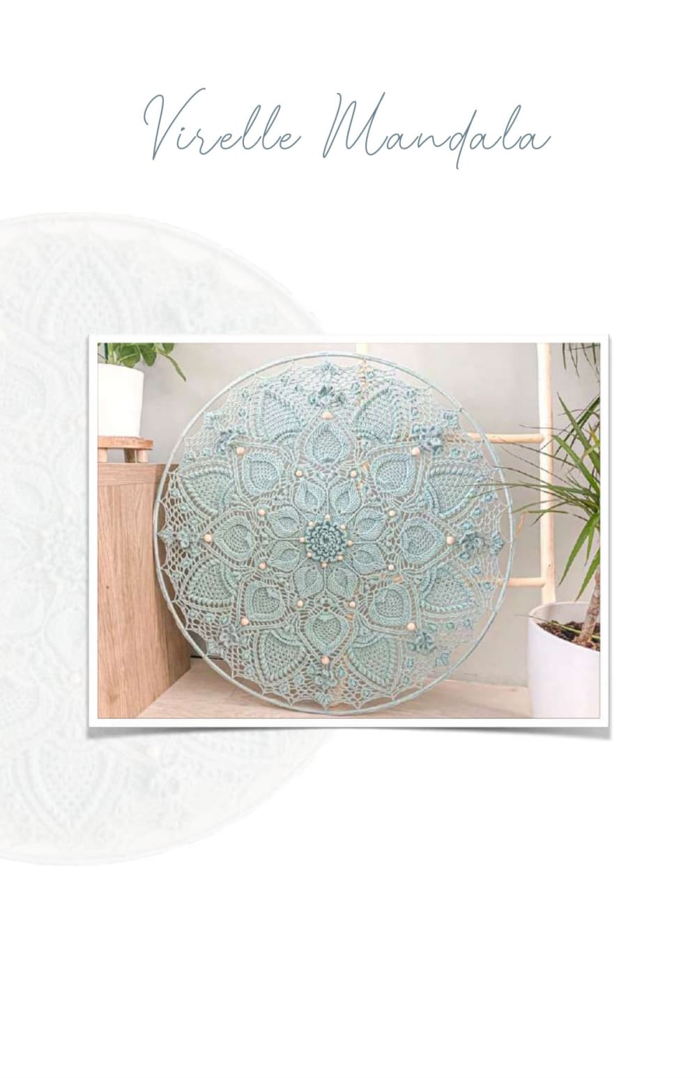 Light blue Virelle mandala wall hanging on a white wall