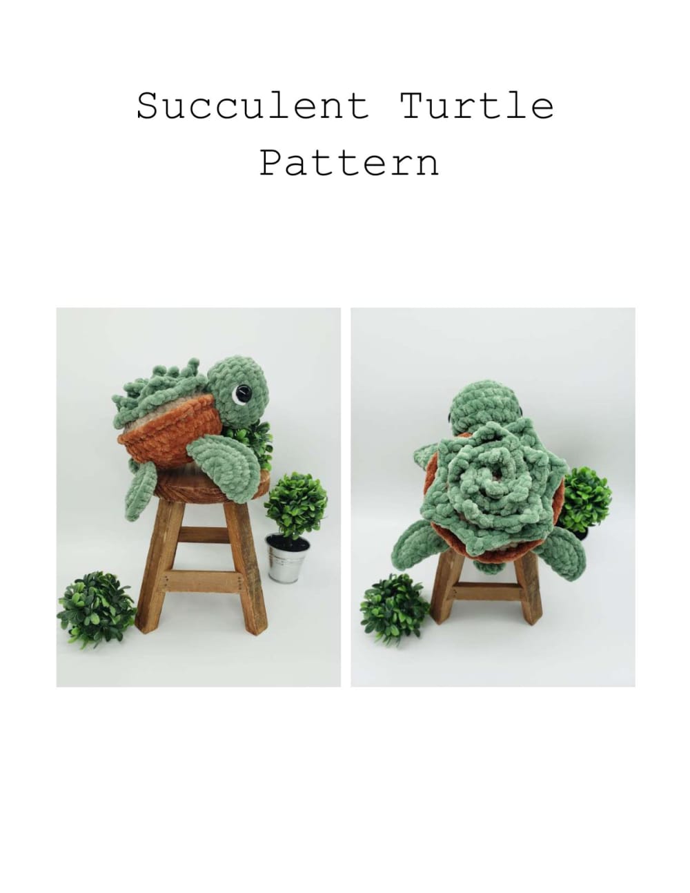 Two crochet turtles with green succulent shells and terracotta pot bodies on a wooden stool