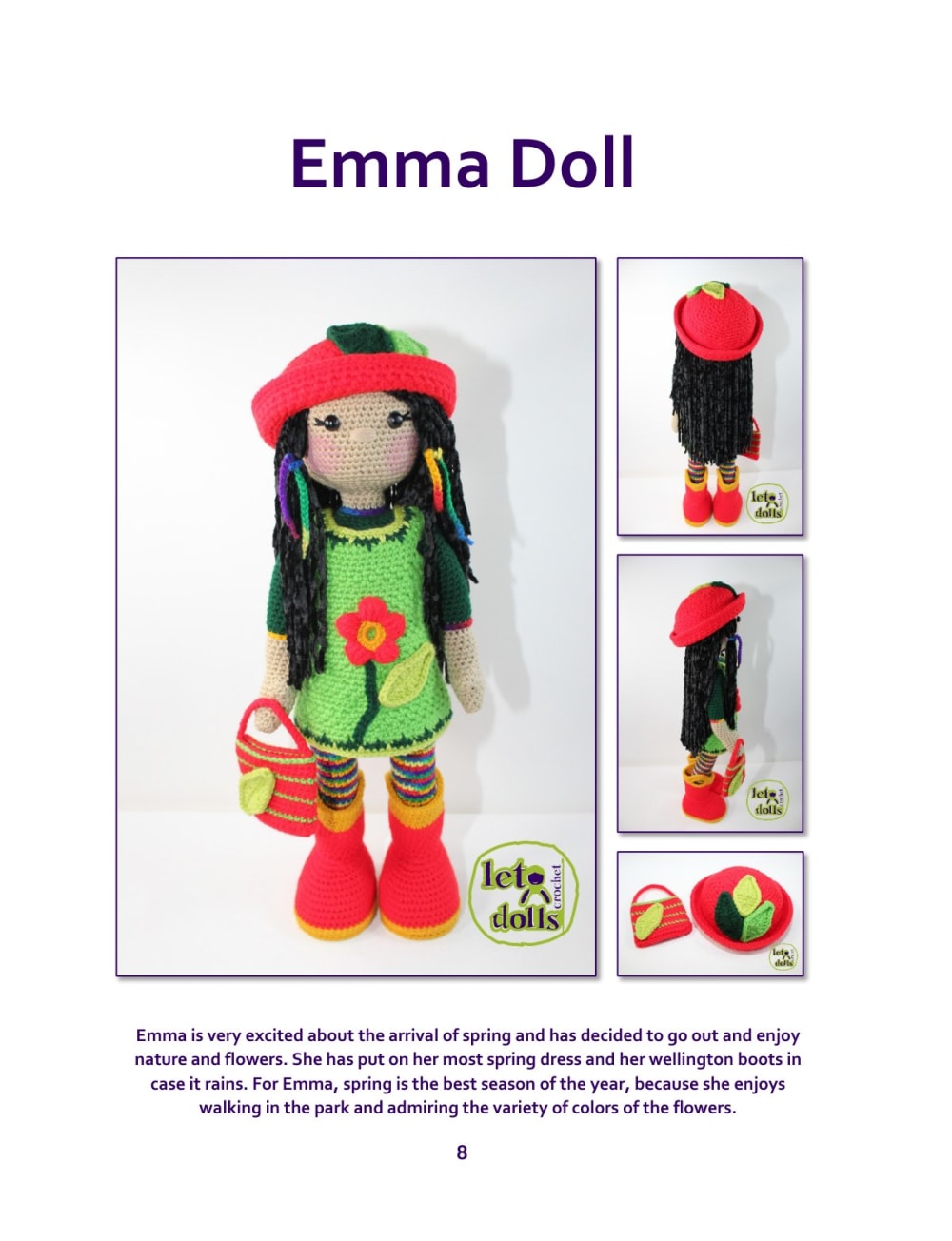 Emma doll with long dark hair, a green and red spring dress and rain boots
