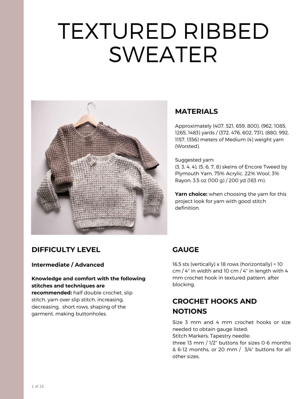 Child wearing a textured ribbed crochet sweater in a neutral tweed yarn