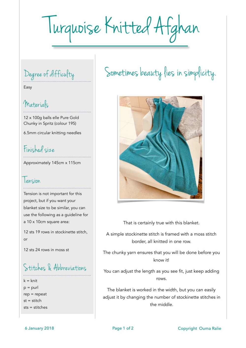 Turquoise knitted afghan draped over a chair