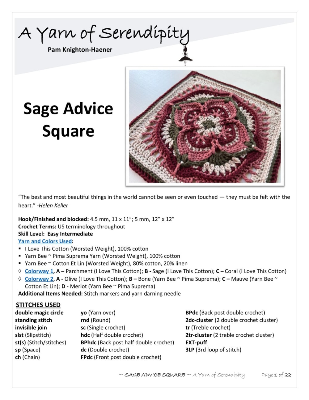 Sage Advice crochet square in sage, coral and parchment