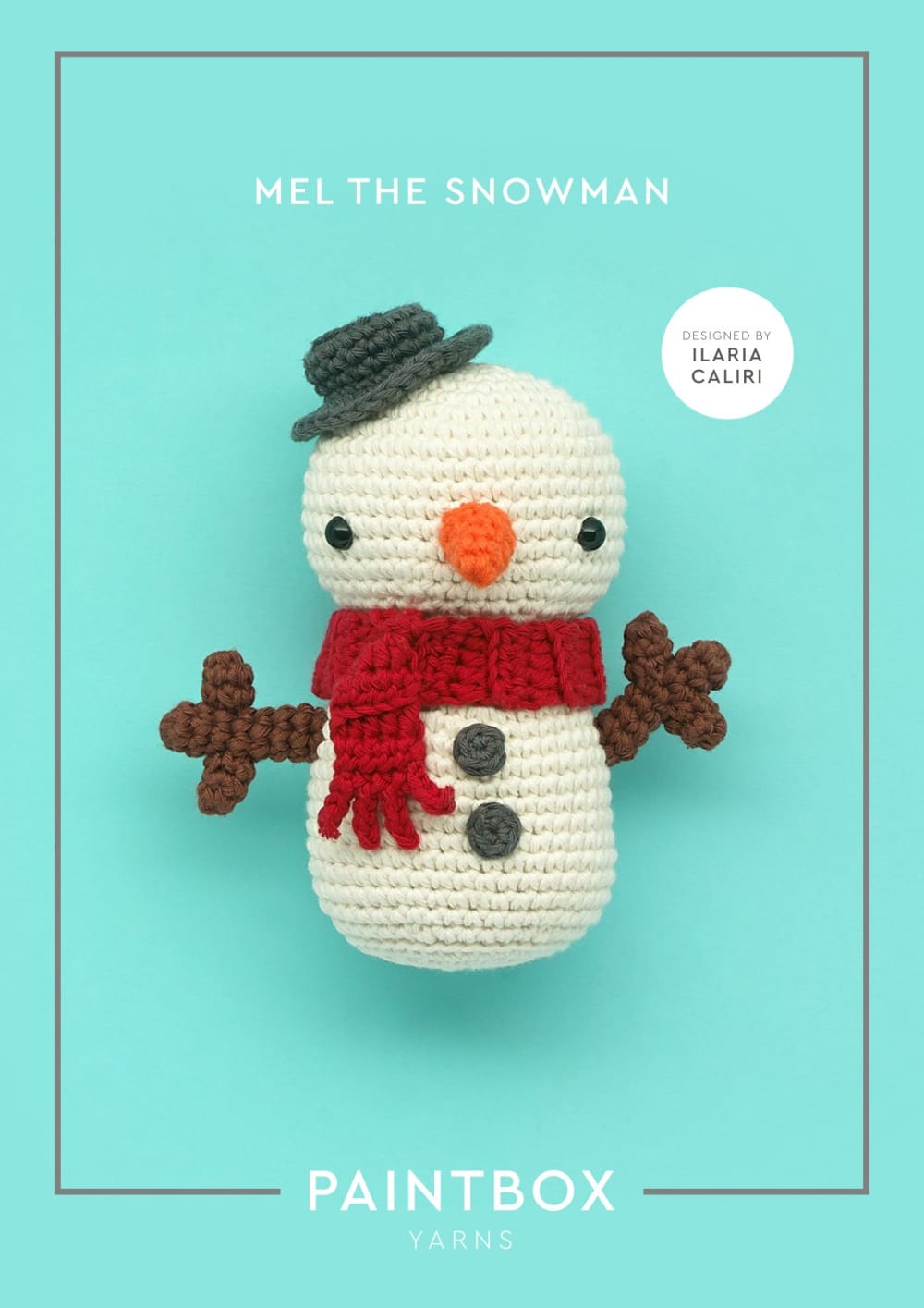 Crochet snowman with a grey hat, an orange nose, a red scarf and brown stick arms