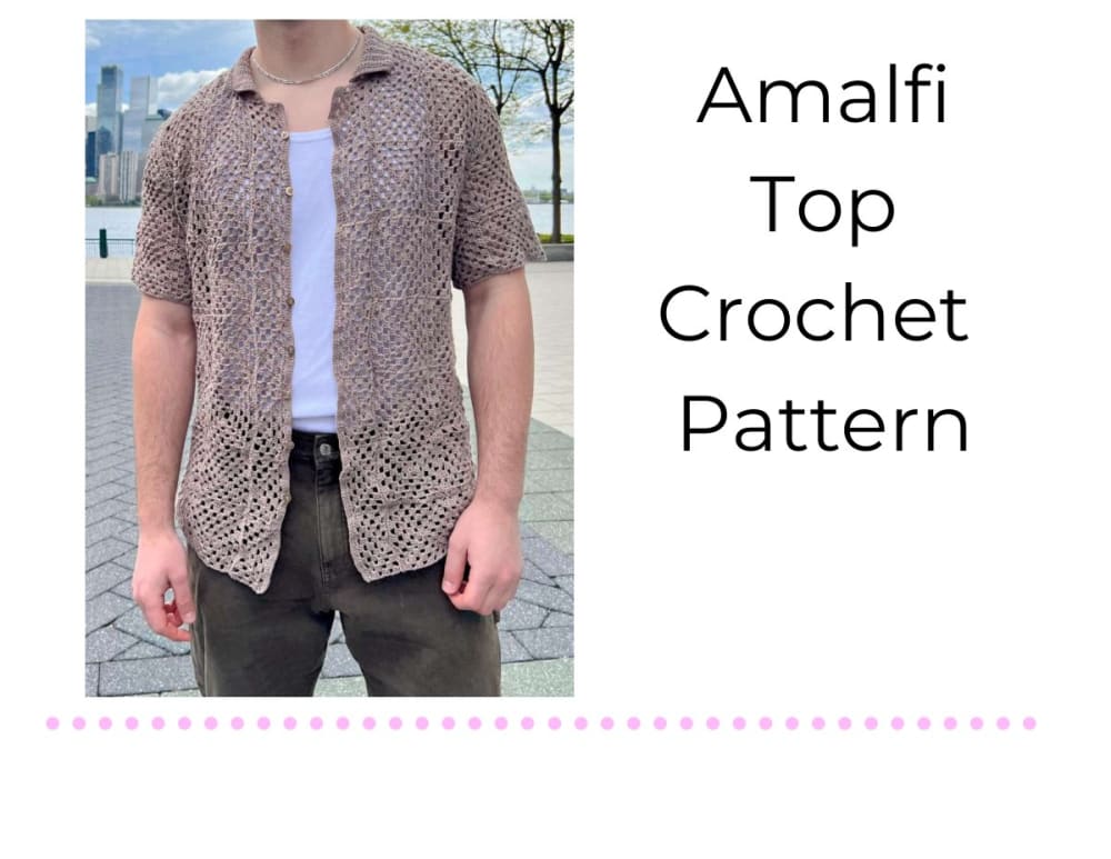 Man wearing the Amalfi crochet shirt in a brown square design
