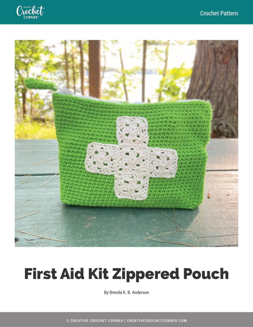 Green crochet zippered pouch with a cream granny square cross emblem