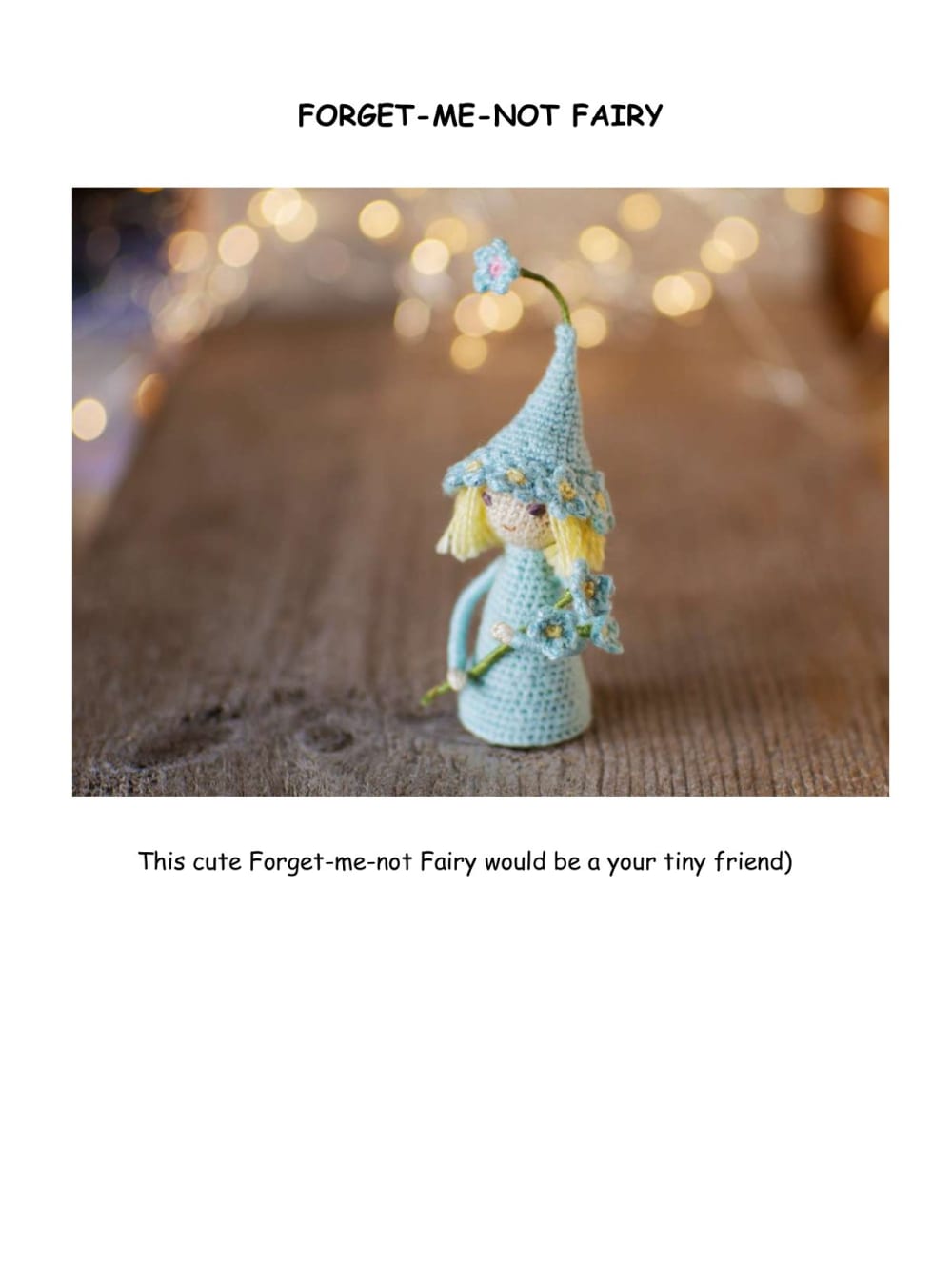 Tiny forget-me-not fairy doll with a blue flower hat