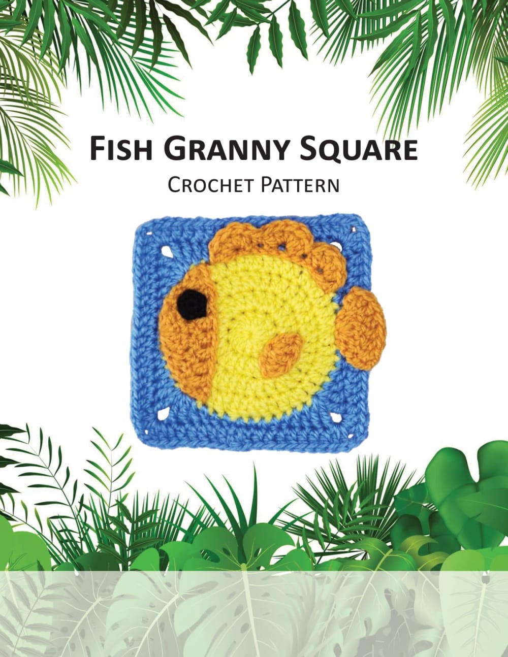 Blue granny square with a round yellow fish and orange fins