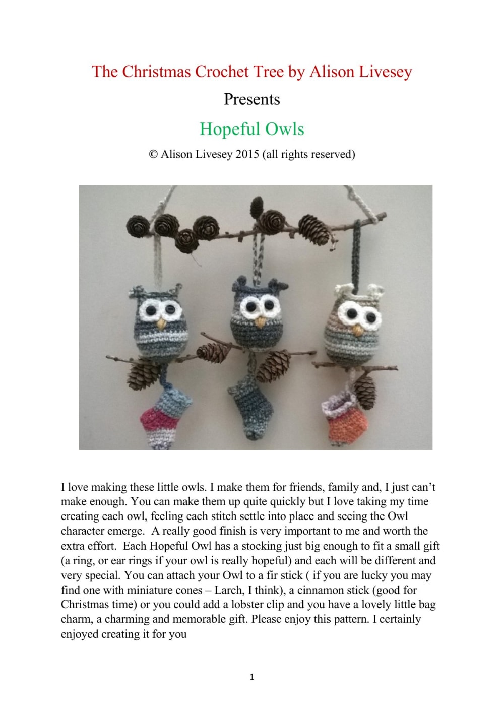 Little crochet owls hanging from a branch